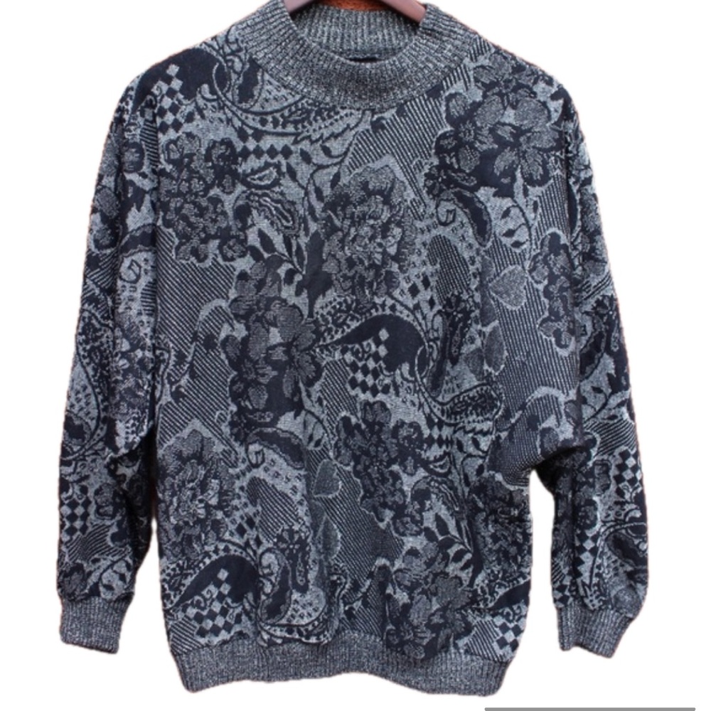 Vintage 80s 90s Black and Silver Sweater Crew Neck Size L Metallic Oversized